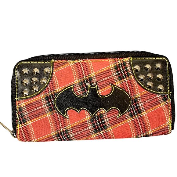 Batman Dc Comics Plaid Wallet Women Red Black Metal Stud Zip Bag Card Holder - Picture 1 of 16
